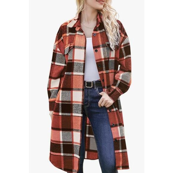 Plaid Shacket Button Wool Blend Long Tartan Trench CoatLARGE - Picture 1 of 6